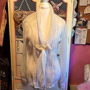 Sheer, iridescence, bow-front silk blouse by Jill Stuart.